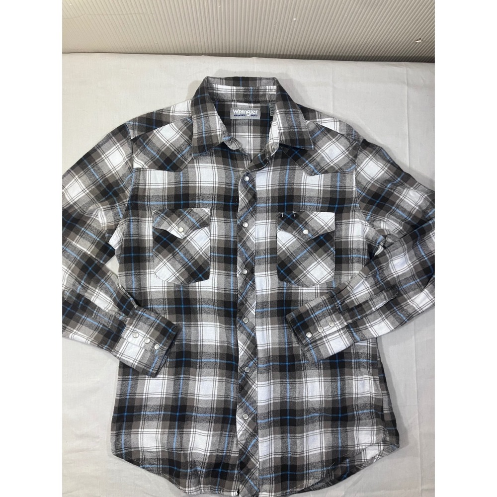 Wrangler Wrancher Mens M Brown Blue Plaid Pearl Snap‎ Western Shirt 112358525